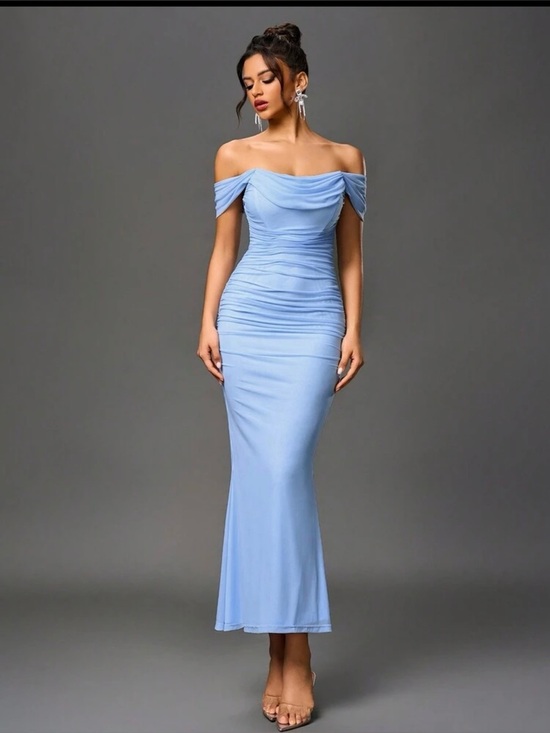 Marthea Dresses & Skirts - Elegant Off-Shoulder Baby Blue Ruched Evening Dress